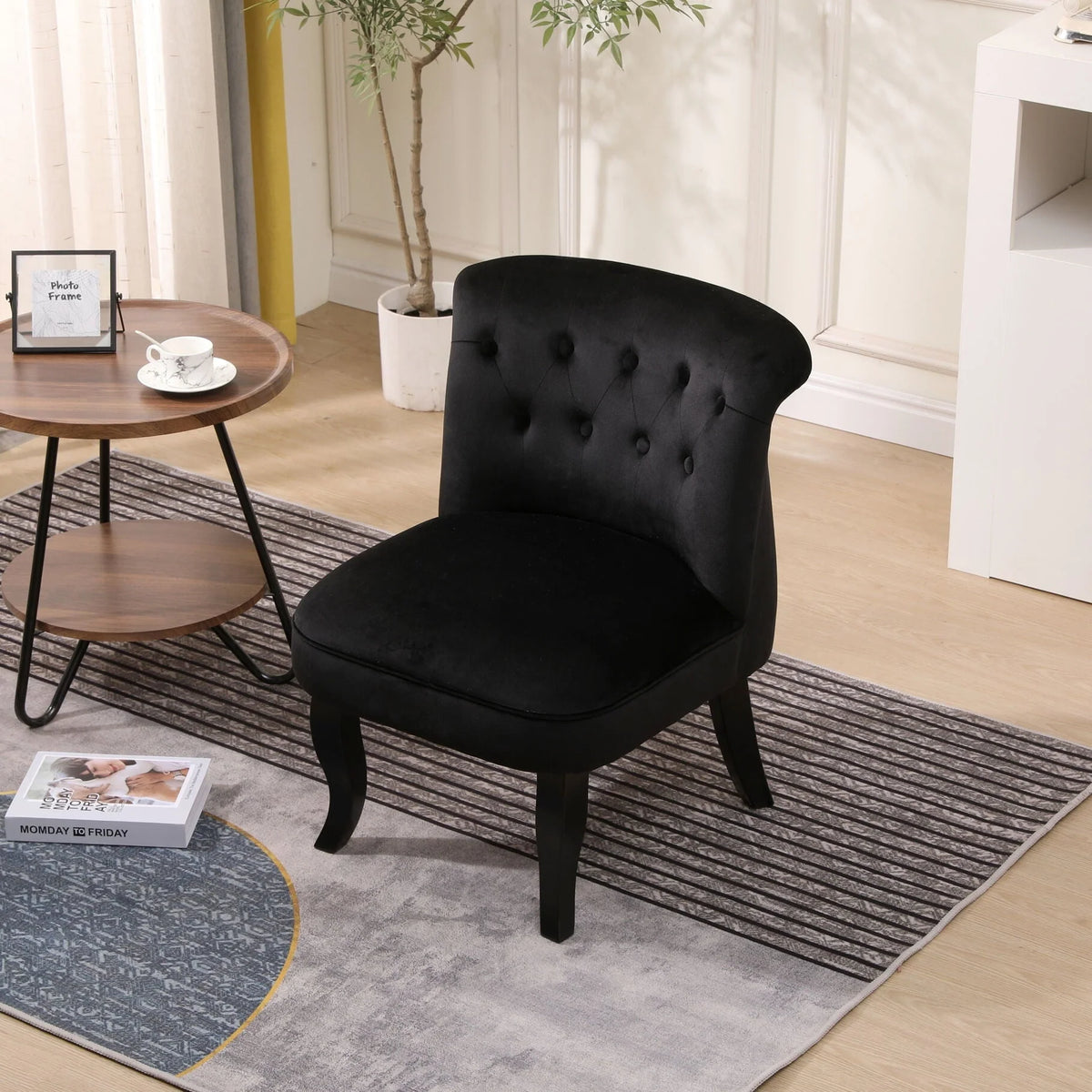Modern Velvet Dining Chair with Solid Wood Legs, Tufted Vanity Chairs with Back, Accent Chair with Wood Frame, Single Sofa Chair for Bedroom, Living Room, Office, Study Room, Black