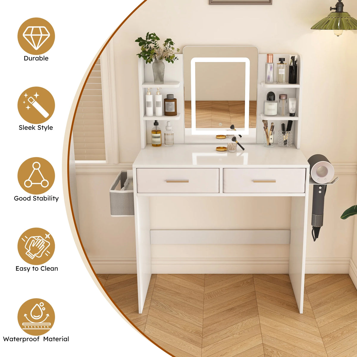Montary Modern Mini Vanity w/Adjustable LED Mirror + Hidden Storage, Padded Stool & Dustproof Shelves (White)