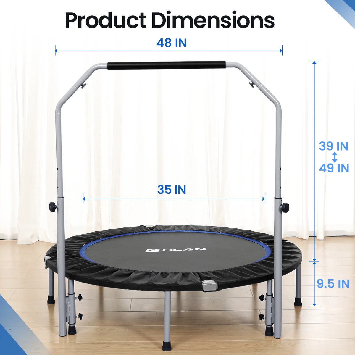 BCAN 40" Foldable Trampoline, Fitness Rebounder with Adjustable Foam Handle, Exercise Trampoline for Adults/kids Indoor/Garden Workout Max Load 330lbs