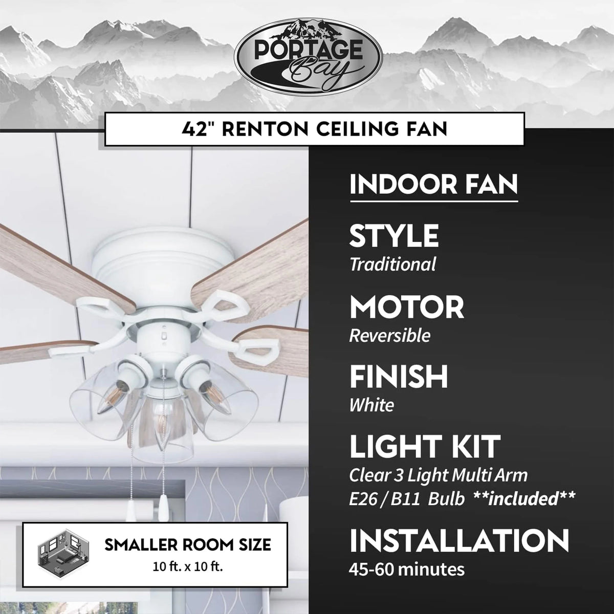 Open Box Portage Bay Renton Ceiling Fan with Quiet, Reversible Motor, 52"