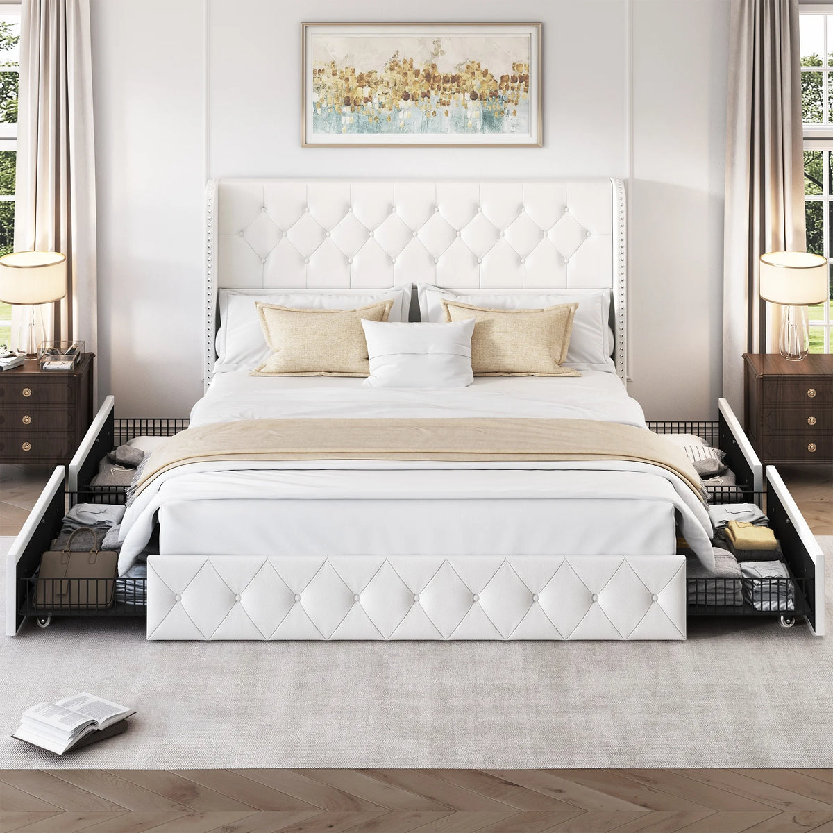 LARMACE Queen Size Platform Bed Frame with 4 Storage Drawers and Tufted Headboard Linen Upholstered Bed Wingback Bed Frame with Wooden Slats Support, Easy Assembly, Light Grey