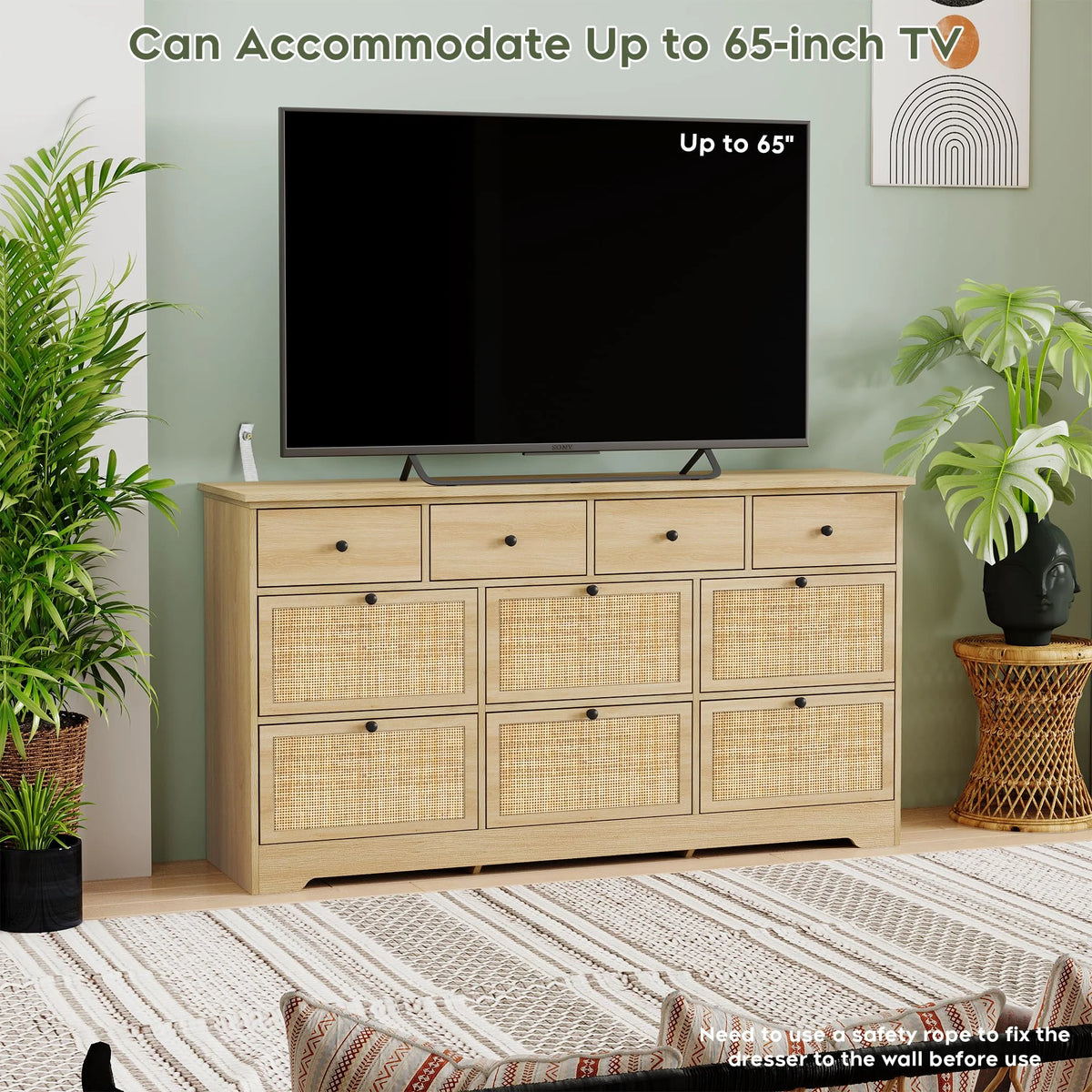 Brafabhome Rattan 6 Drawers Dresser for Bedroom, Vintage Boho Double Dresser Wicker Chest with Wooden Legs for Living Room Hallway| Mint