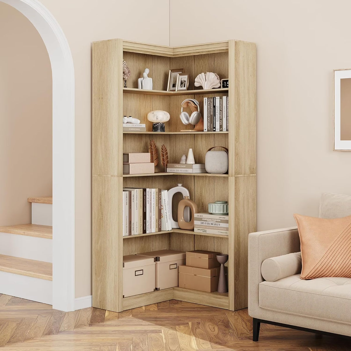 Studyset Corner Bookshelf Farmhouse Corner Bookcase 71.8'' Tall Bookcase, L-Shaped Large Display Shelf 5 Tier L-Shaped Bookshelf Large Shelf w/Anti-Tipping Kit, Bookcases with Storage Heavy Duty