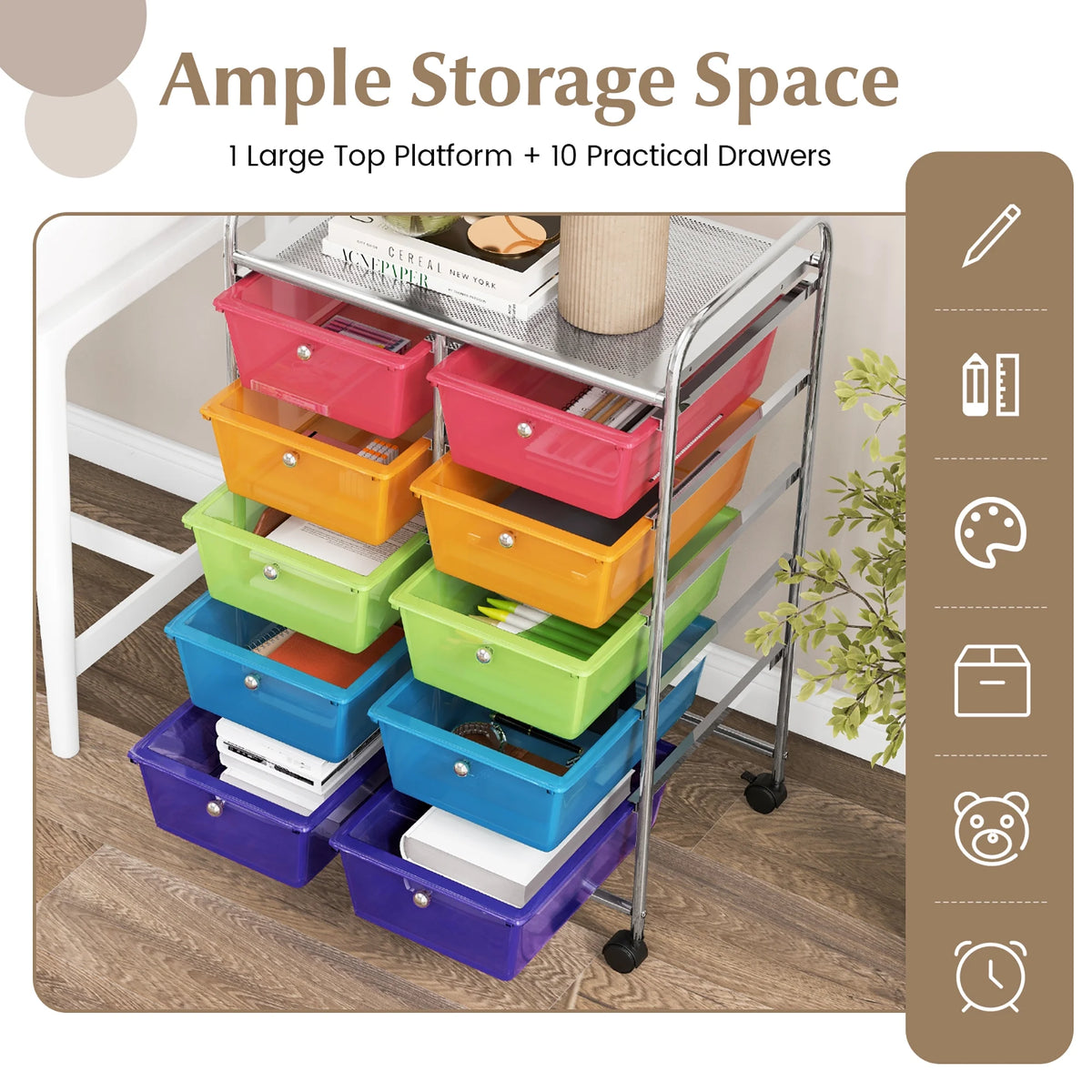 Gymax 10-Drawer Rolling Storage Cart Tools Scrapbook Paper Organizer on Wheels Black Gradient