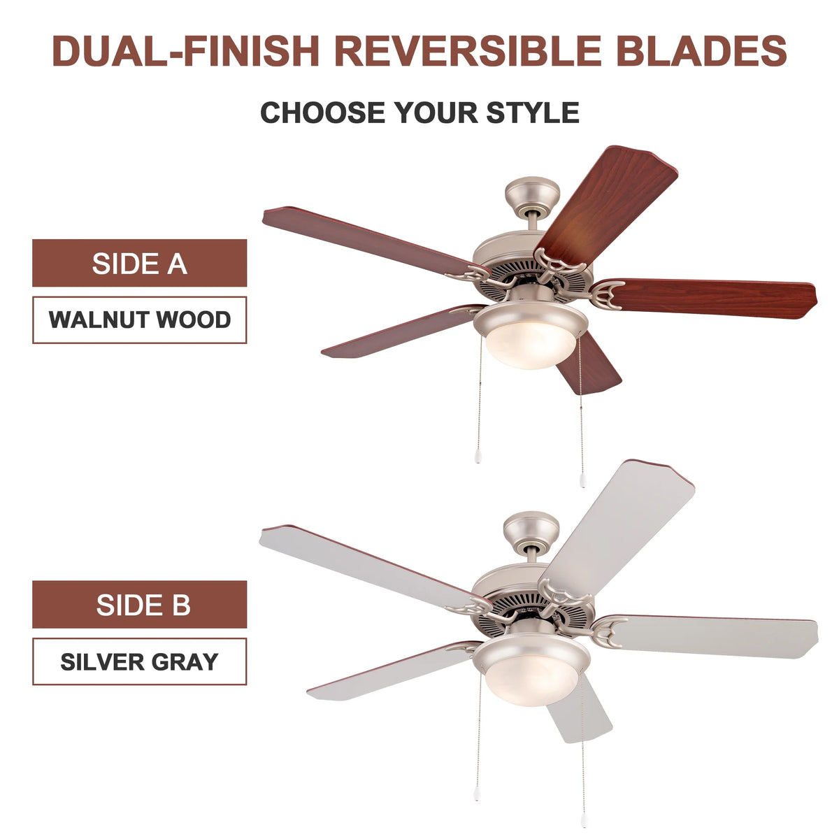 Simpol 52" Prominent Indoor Ceiling Fan with LED Light, Pull Chain and Remote Control, Reversible AC Motor, Walnut/Silver Reversible Blades and Satin Nickel Finish