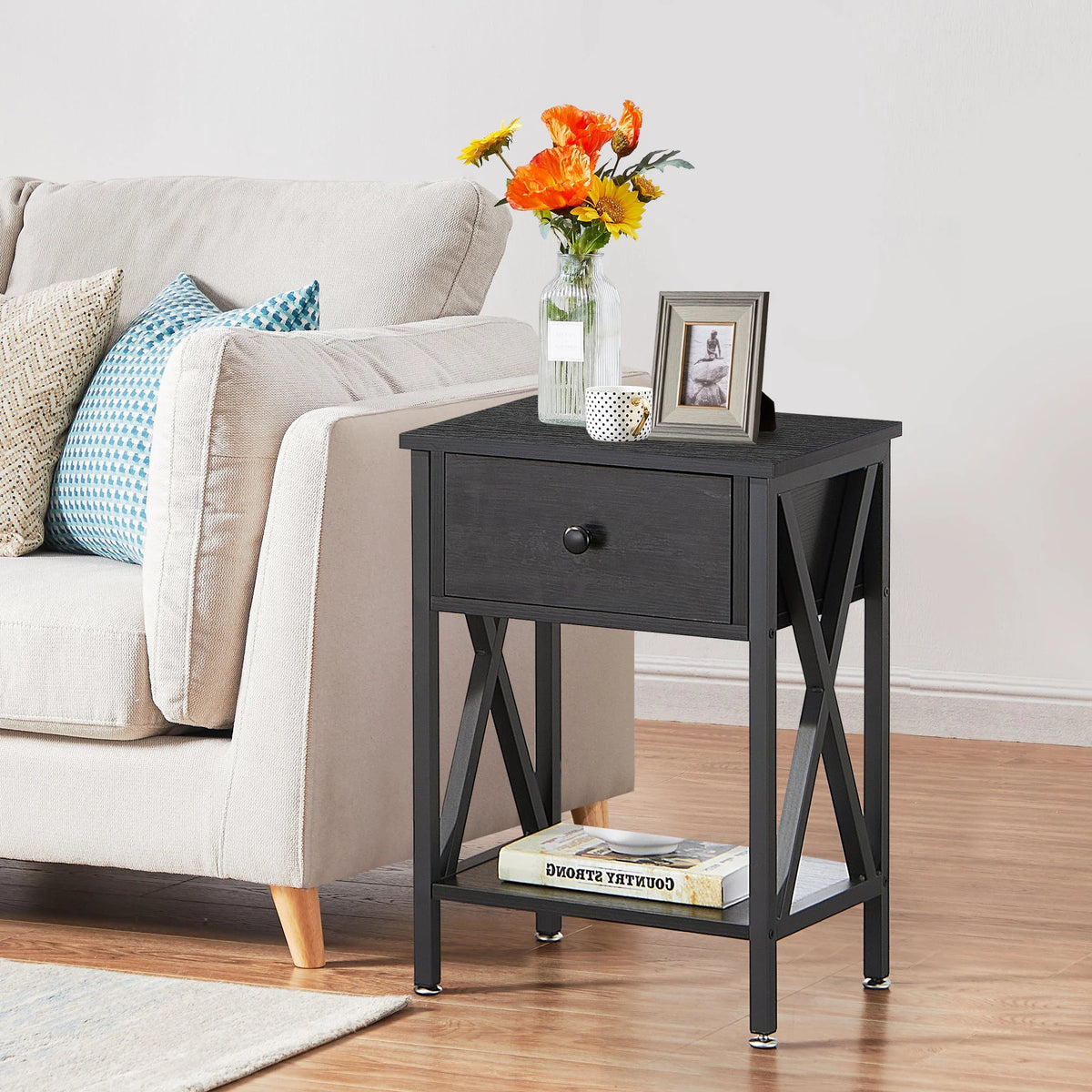 VECELO 3-Piece Bedroom Set with Twin Size Bed Frame and 1-Drawer Black Nightstands