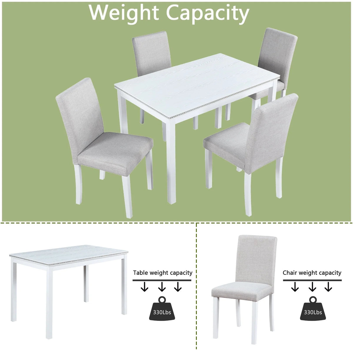 PORKISS Dining Table Set for 4, Solid Wood Dining Room Set with 1 Square Table 4 Upholstered Chairs, Dinner Table with Padded Chairs for Home Kitchen, Gray