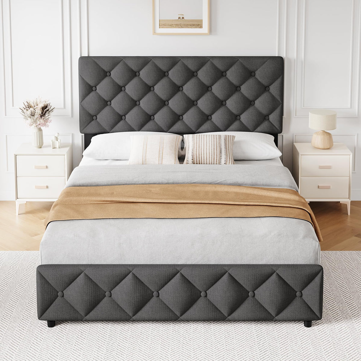 TROPOW Full Size Bed Frame,with 4 Storage Drawers and Adjustable Headboard, Linen Upholstered Platform Bed Frame, Diamond Stitched Button Tufted, No Box Spring Needed,White