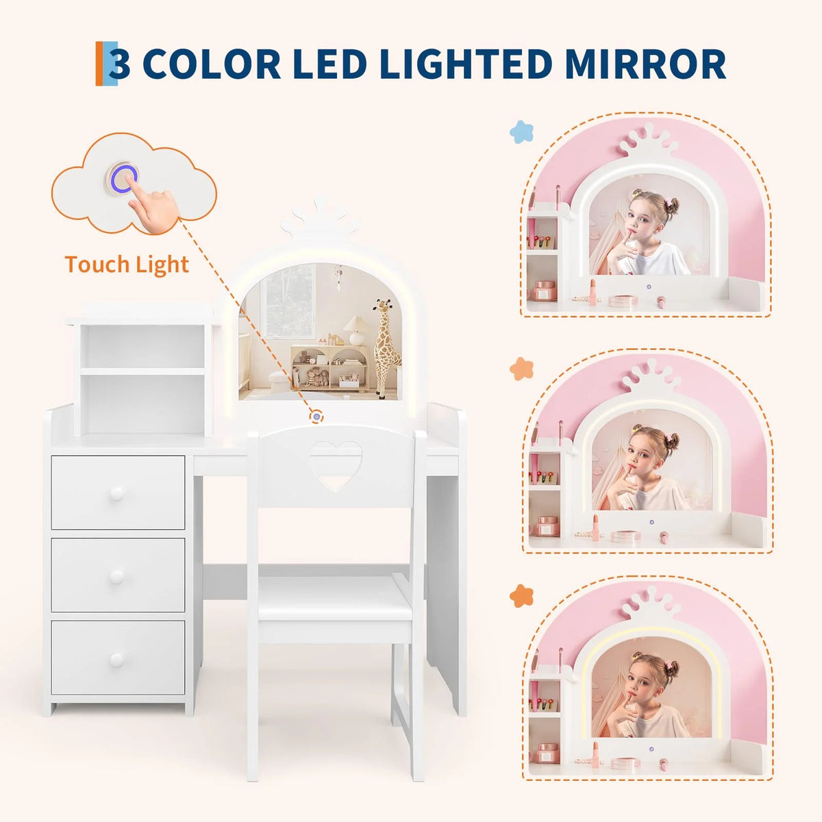 Yeshouse Princess Girls Makeup Vanity Table Set with Storage & Lights