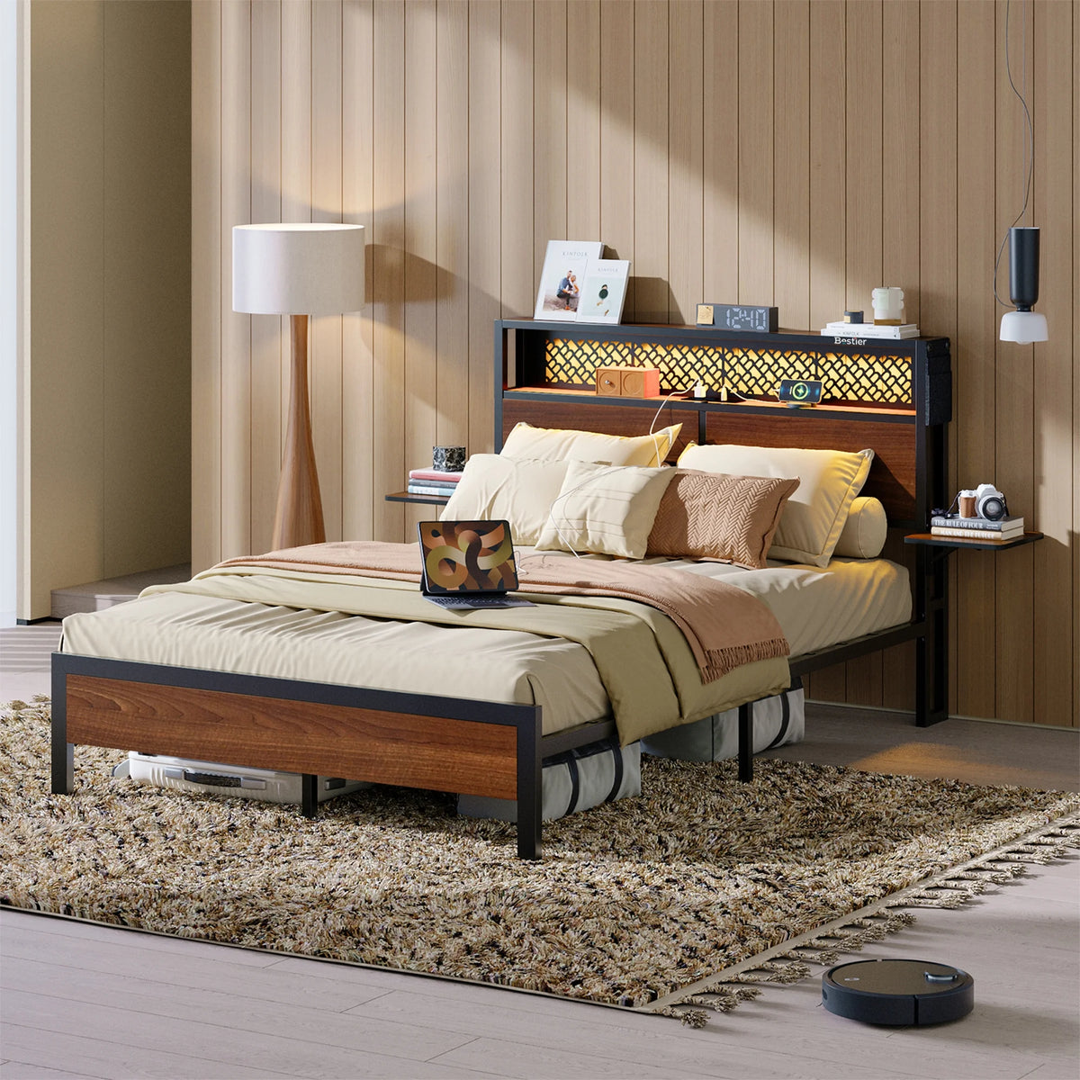 Bestier Queen Size Platform Bed Frame with Wood Foldable Bedside Shelves and LED Storage Headboard Charge Station, Gray