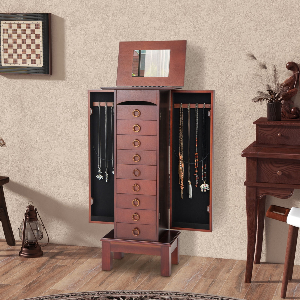 Costway Wood Jewelry Cabinet Armoire Storage Box Chest Stand Organizer Indoor Bedroom