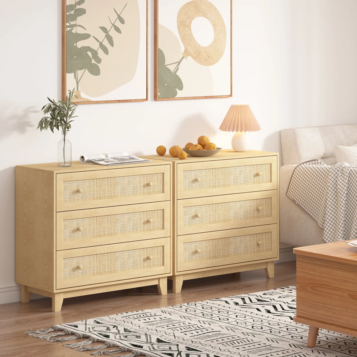 FANRAL 3 Drawer Dresser for Bedroom,Boho Small Natural Rattan Closet Dressers Chest of Drawers,Modern Wood Clothes Storage Organizer with Wooden Feet and Handles for Hallway,Living Room,Entryway