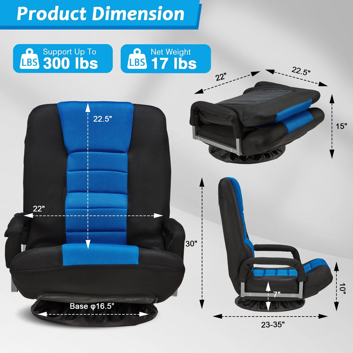 Avocahom Swivel Gaming Floor Chair w/ Armrest Handles, No Assembly gaming chair rocker, Folding Reclining Sofa w/6 Position Adjustable Backrest for Video Games, Watching TV, Reading,Blue