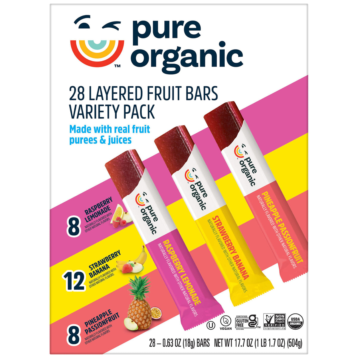 Pure Organic Layered Fruit Bars, Variety Pack,  0.63 oz, 28-count