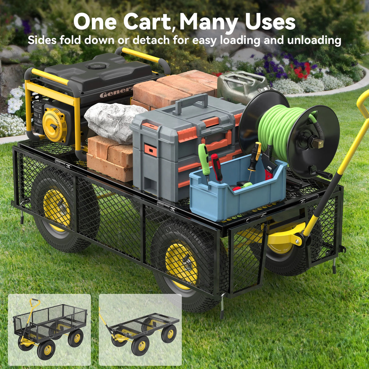 Firstness Heavy Duty Garden Cart, 900 lbs Capacity Garden Wagon with Removable Sides, Black