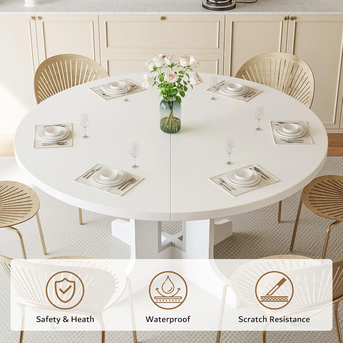 iPormis 59" Extendable Round Dining Table for 6, Modern Kitchen Table with Sturdy Wooden Base, Dining Room Table with Thickened MDF Board, Perfect for Small Space, Black