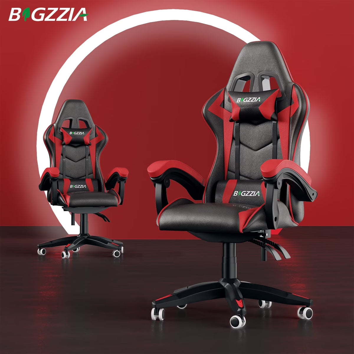 Bigzzia Gaming Chair Pu Leather Office Chair with Ergonomic Lumbar Pillow, Reclining Racing Game Chair Backrest and Seat Height Adjustable Swivel Recliner,Esports Chair with Headrest,Blue