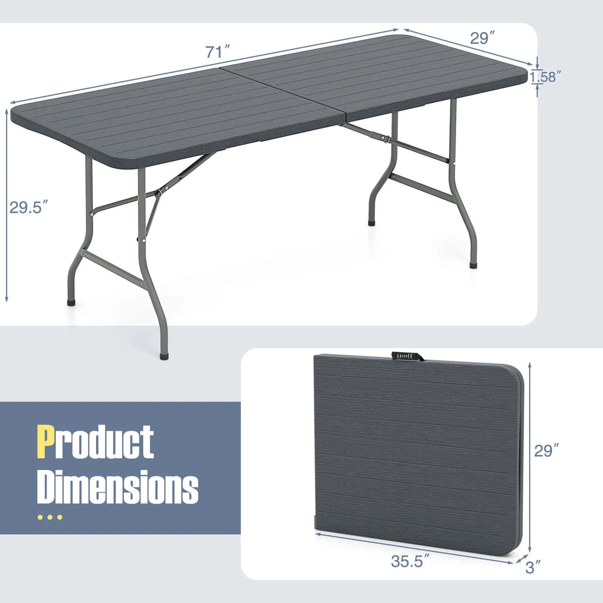 Costway 6 ft Portable Folding Table with Wood Grain HDPE Tabletop Safe Lock Mechanism Gray