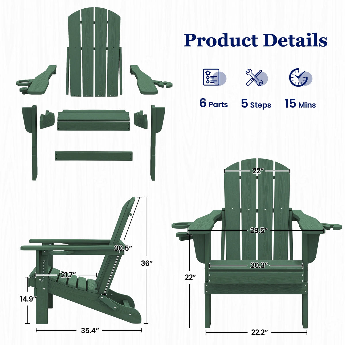 SERWALL Folding Adirondack Chair Set with Dual Cup Holders & Phone Holder, All-Weather HDPE Fire Pit Chairs for Outdoor, Patio, Poolside, Garden - Black