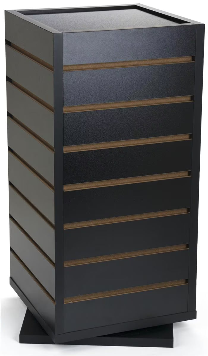 Displays2go Slatwall Display Case with Rotating Base, 28 Display Channels, Counter Mount, Melamine - Black (CTSLWSQ12)