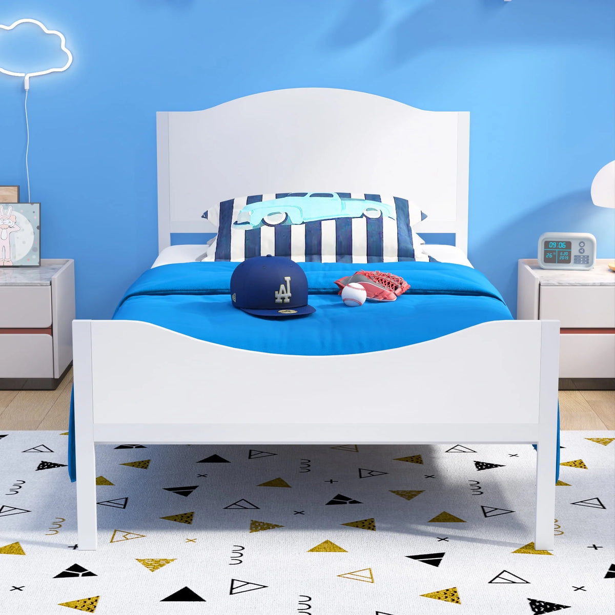 Yoneston Twin Size Kids Metal Platform Bed Frame with Wood Headboard, Modern Single Bed Frames for Children, Teens & Adults, No Box Spring Needed, White