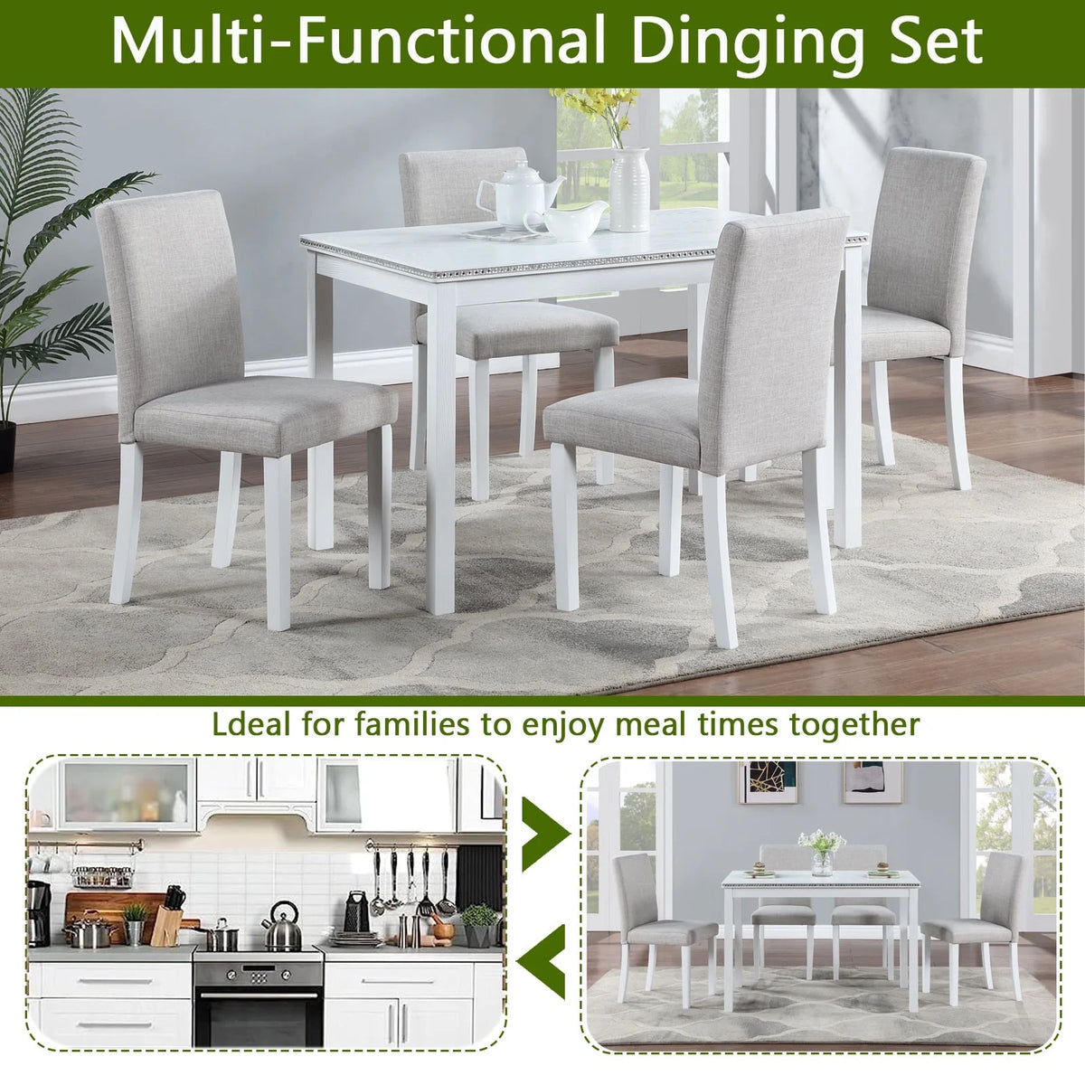 PORKISS Dining Table Set for 4, Solid Wood Dining Room Set with 1 Square Table 4 Upholstered Chairs, Dinner Table with Padded Chairs for Home Kitchen, Gray