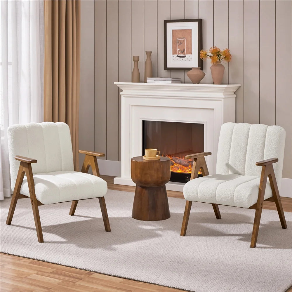 Yaheetech Mid Century Modern Boucle Upholstered Accent Chair with Solid Wood Legs, White