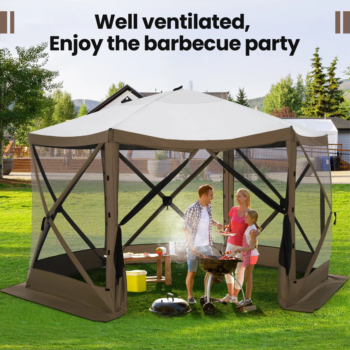 SANOPY 12'x12' Gazebo Outdoor Pop up Gazebo Screen Tent with 6 Sides Mosquito Netting Camping Gazebo Instant Shelter Glamping Tent with Carry bag, Ground Spike, Gray