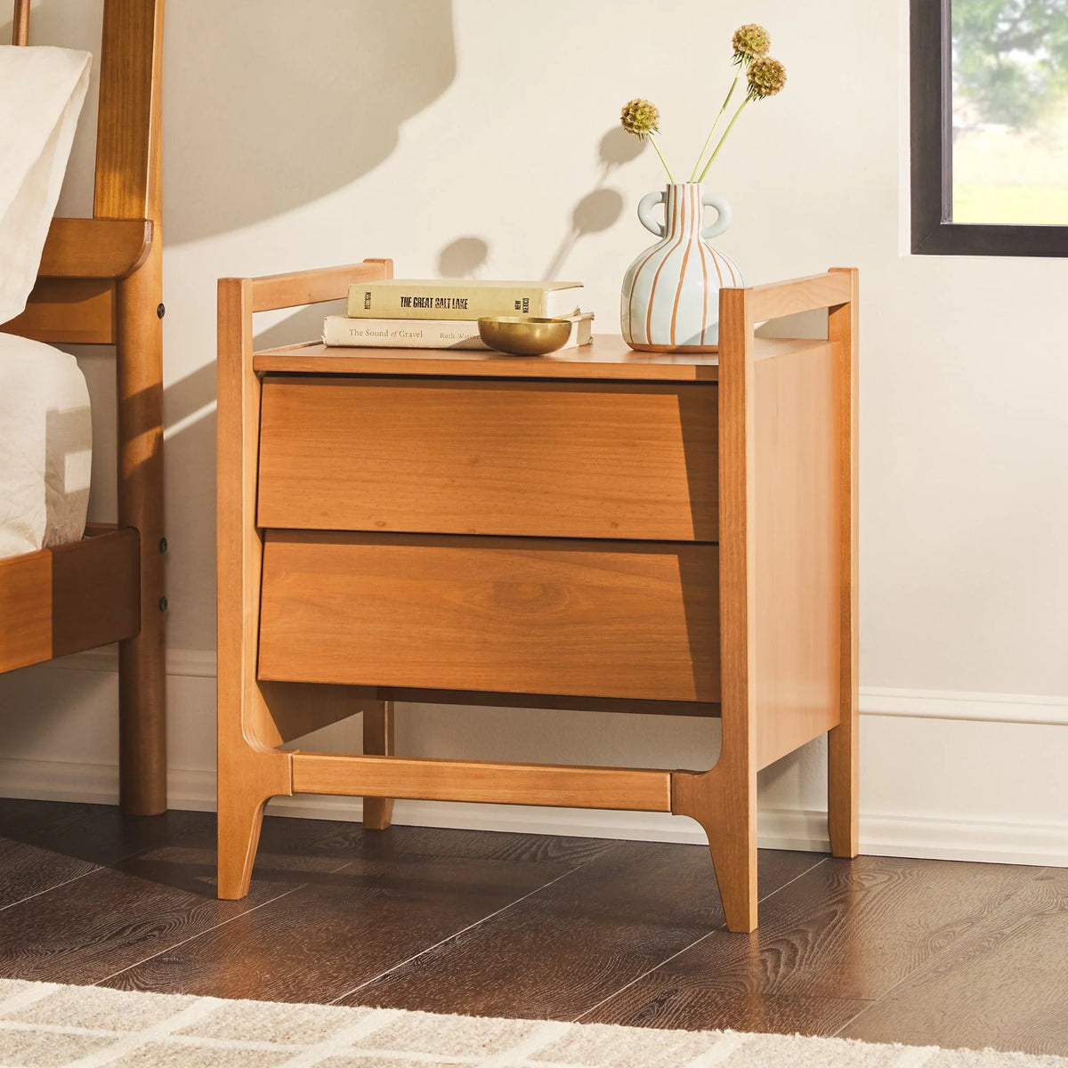 Walker Edison Mid-Century Modern Solid Wood 2-Drawer Nightstand, Caramel
