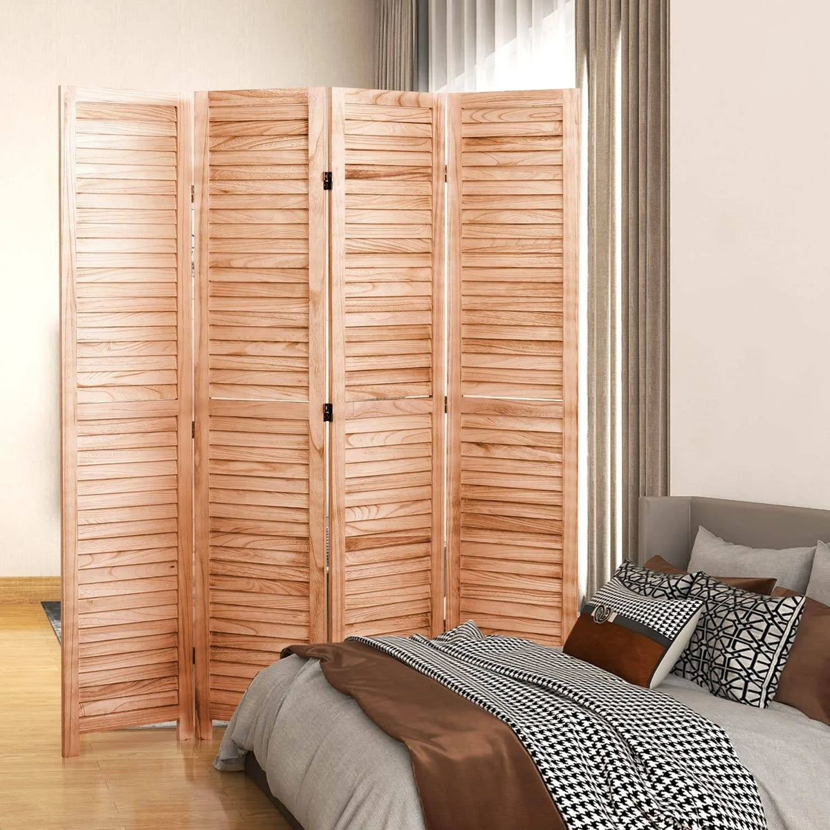 Privacy Screen 82.8'' W x 65'' H 6 - Panel Solid Wood Folding Room Divider, Natural,Outdoor Privacy Screen