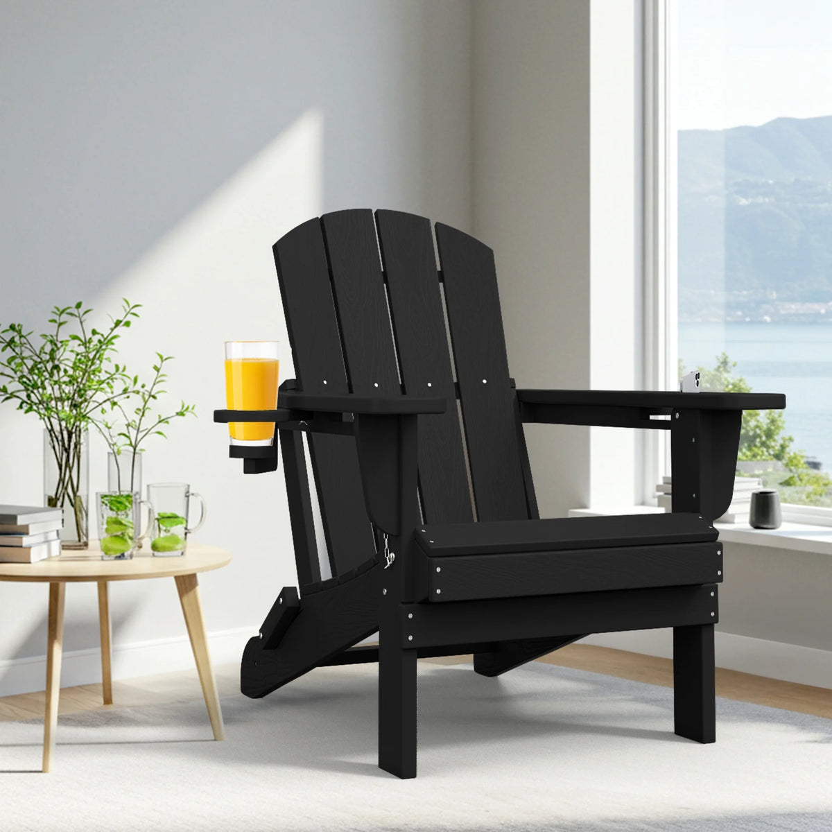 SERWALL Folding Adirondack Chair Set with Dual Cup Holders & Phone Holder, All-Weather HDPE Fire Pit Chairs for Outdoor, Patio, Poolside, Garden - Black