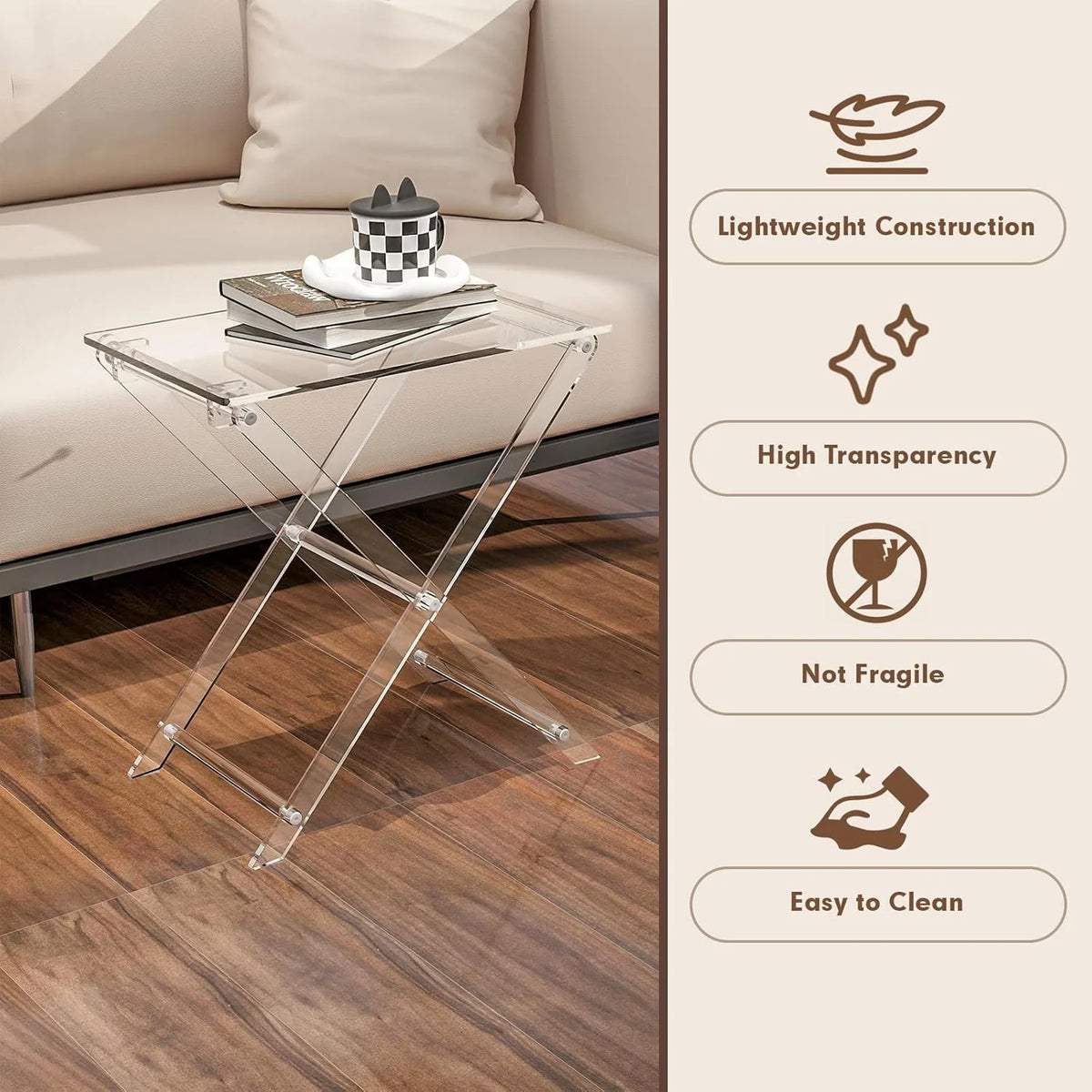 Acrylic Folding TV Tray Table - 23" High Acrylic Table, Foldable Desks for Small Spaces, Living Room, Bed Room, TV Dinner Table with Easy Assembly, 1PCS Transparent Rectangle Acrylic Tray