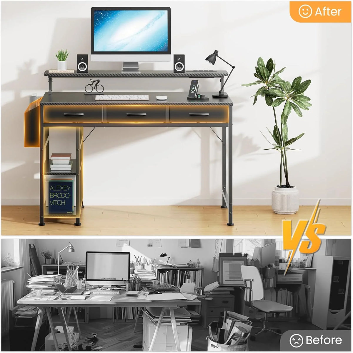 Upgo 55" Gaming Desk with Adjustable Storage Rack & LED Lights, Power Outlets for Adult and Teen
