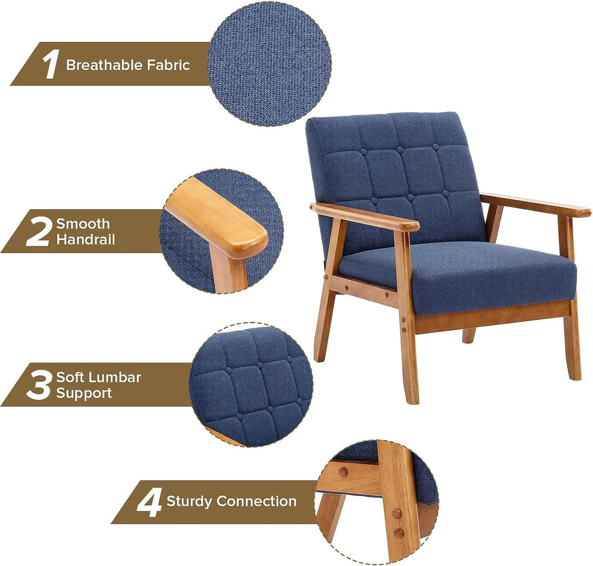 Ufurpie Mid Century Modern Armchair with Wood Frame,Linen Fabric Comfy Reading Chair,Accent Chair for Living Room Bedroom,Navy