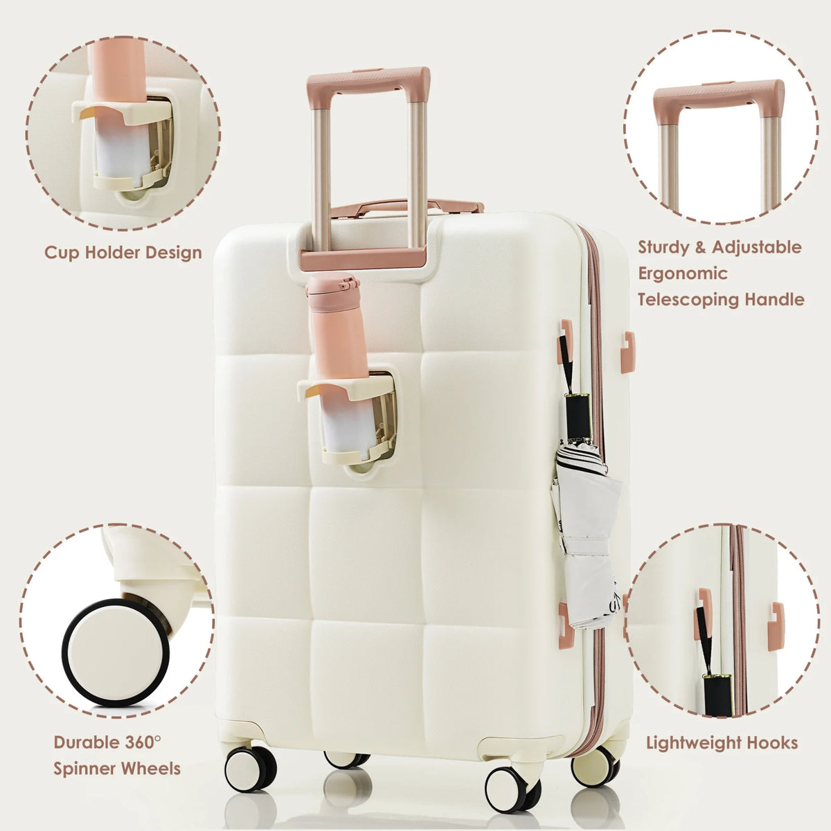 3 Piece Luggage Set , 20/24/28 inches Suitcase Set , ABS Hardshell Expandable Luggage Sets with TSA Lock,20-inch with USB Port, Carry On Luggage for Men Women, Pink