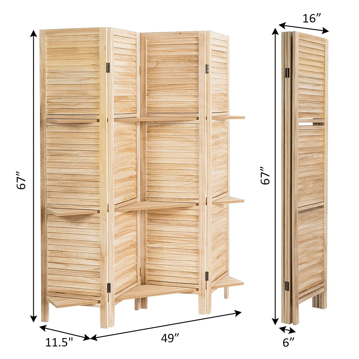 Costway 4 Panel Folding Room Divider Screen W/3 Display Shelves 5.6 Ft Tall