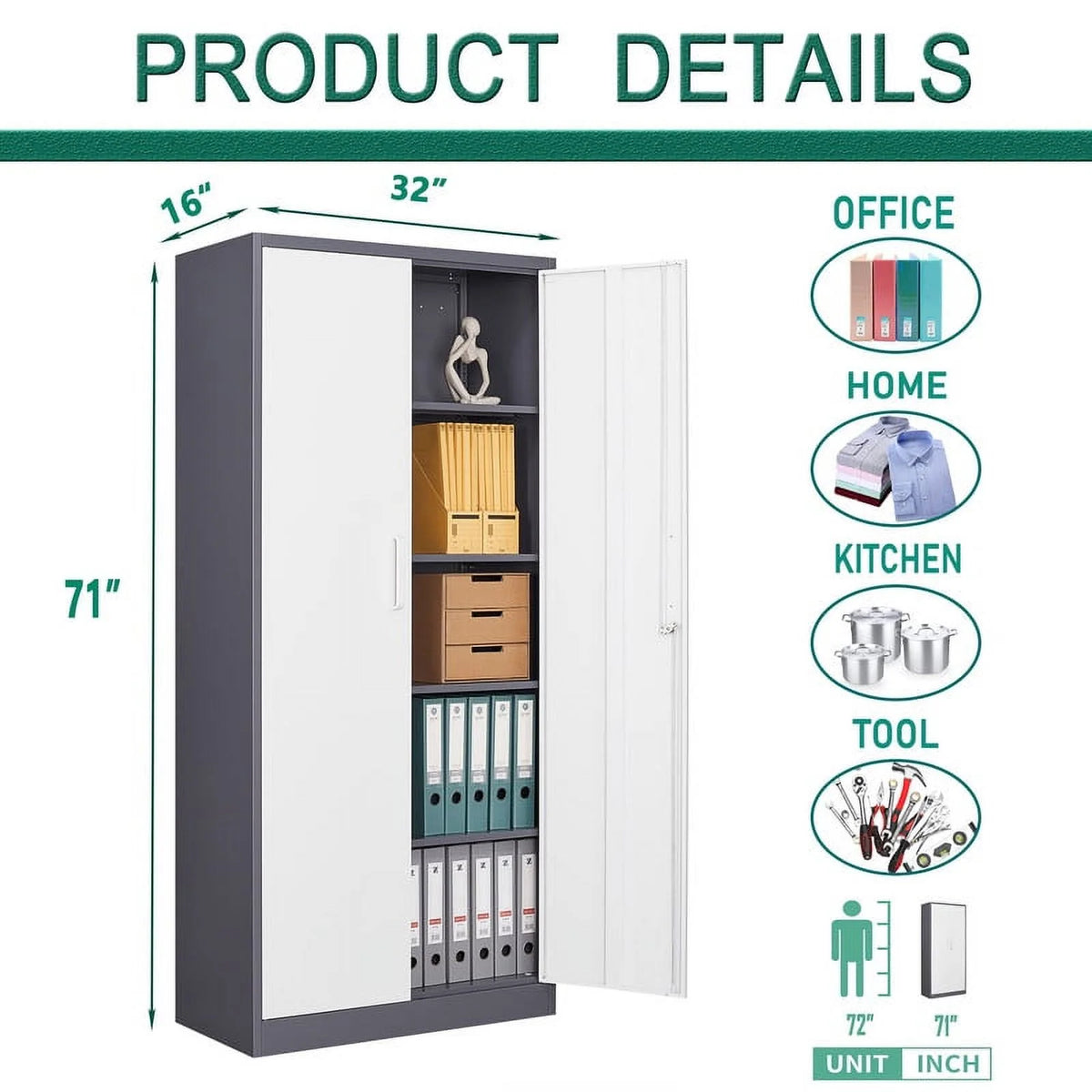 MIIIKO Metal Storage Cabinet 71" Locking Metal Storage Cabinet with 5 Adjustable Shelves, Black Metal Cabinet with 2 Doors and Lock for Office, Garage, Home