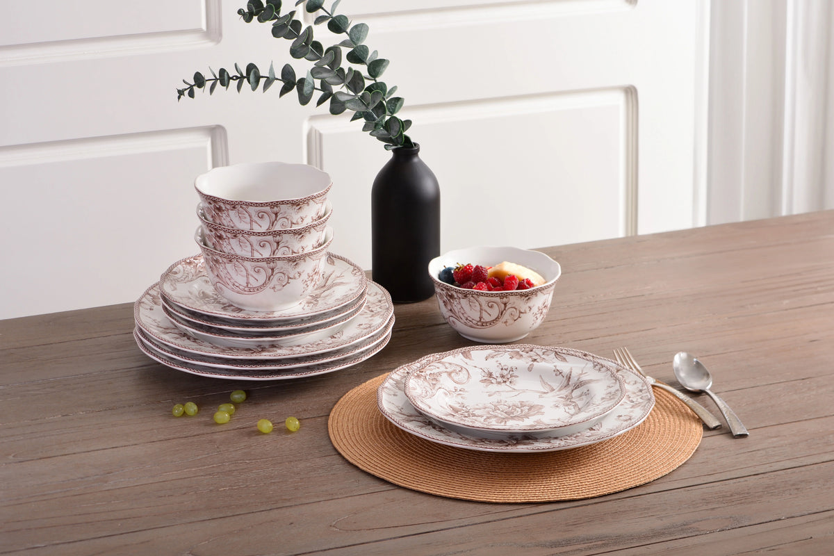 222 Fifth Adelaide Brown on White Porcelain 12 Piece Dinnerware Set, Plates & Bowls, Service for 4
