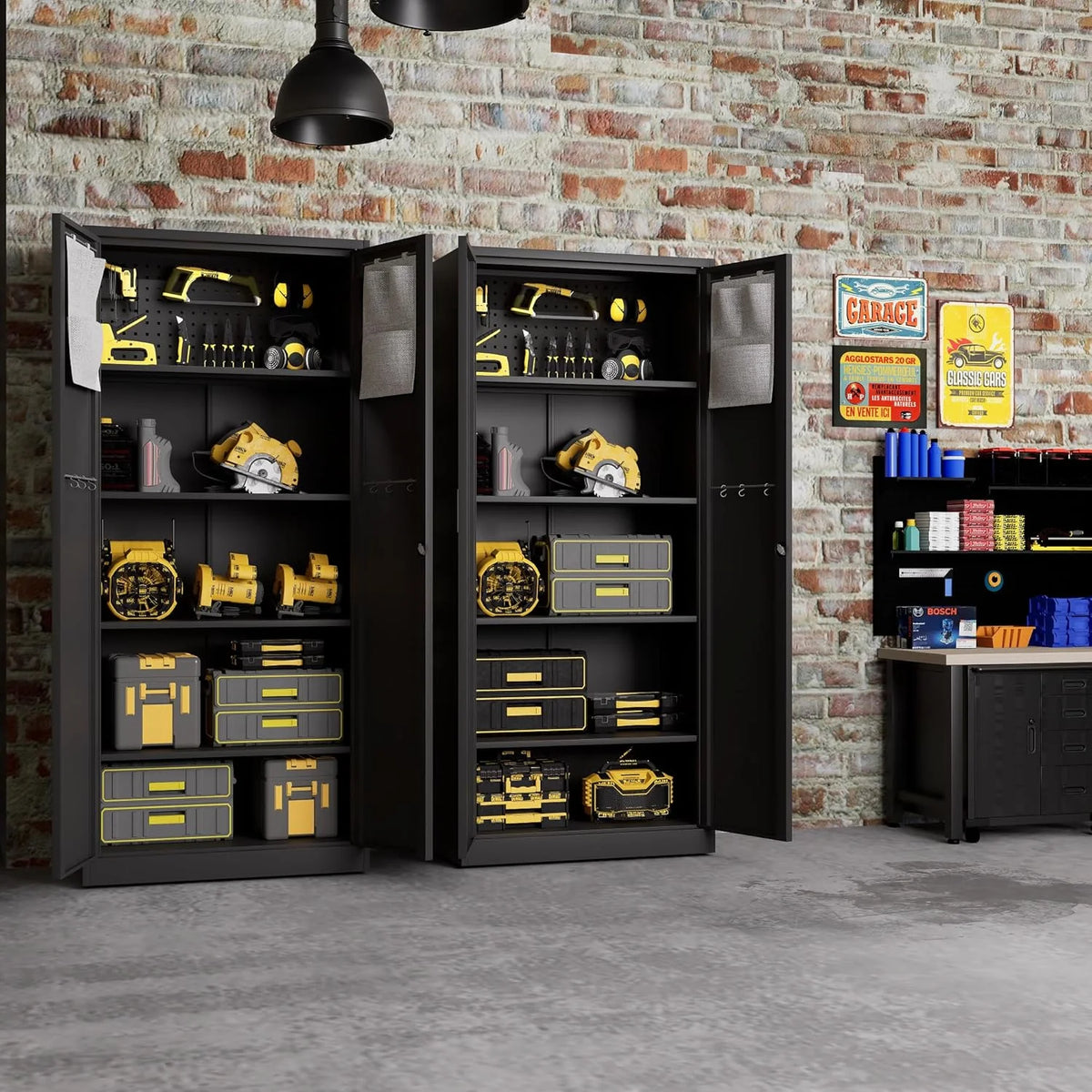 Metal Garage Storage Cabinet with Locking Doors, Lockable Heavy Duty Metal Tool Cabinet with Pegboard, Metal Utility Cabinet for Home, Office, Garage and Workshop, Black