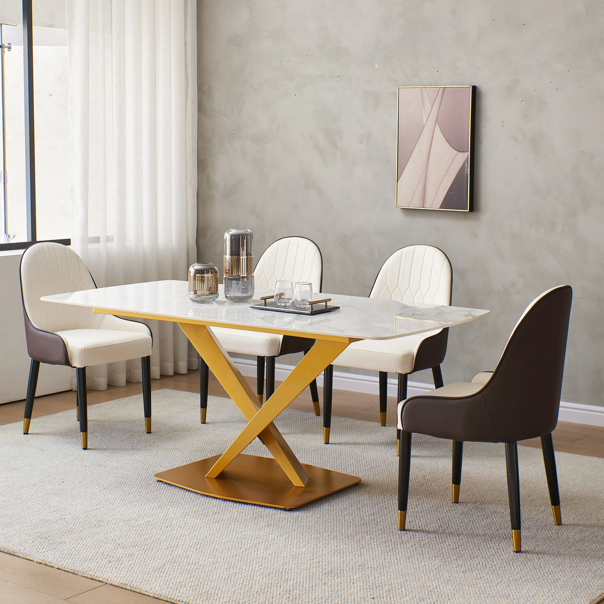 Leavader 63" White Stone Dining Table Set with 4 Chairs