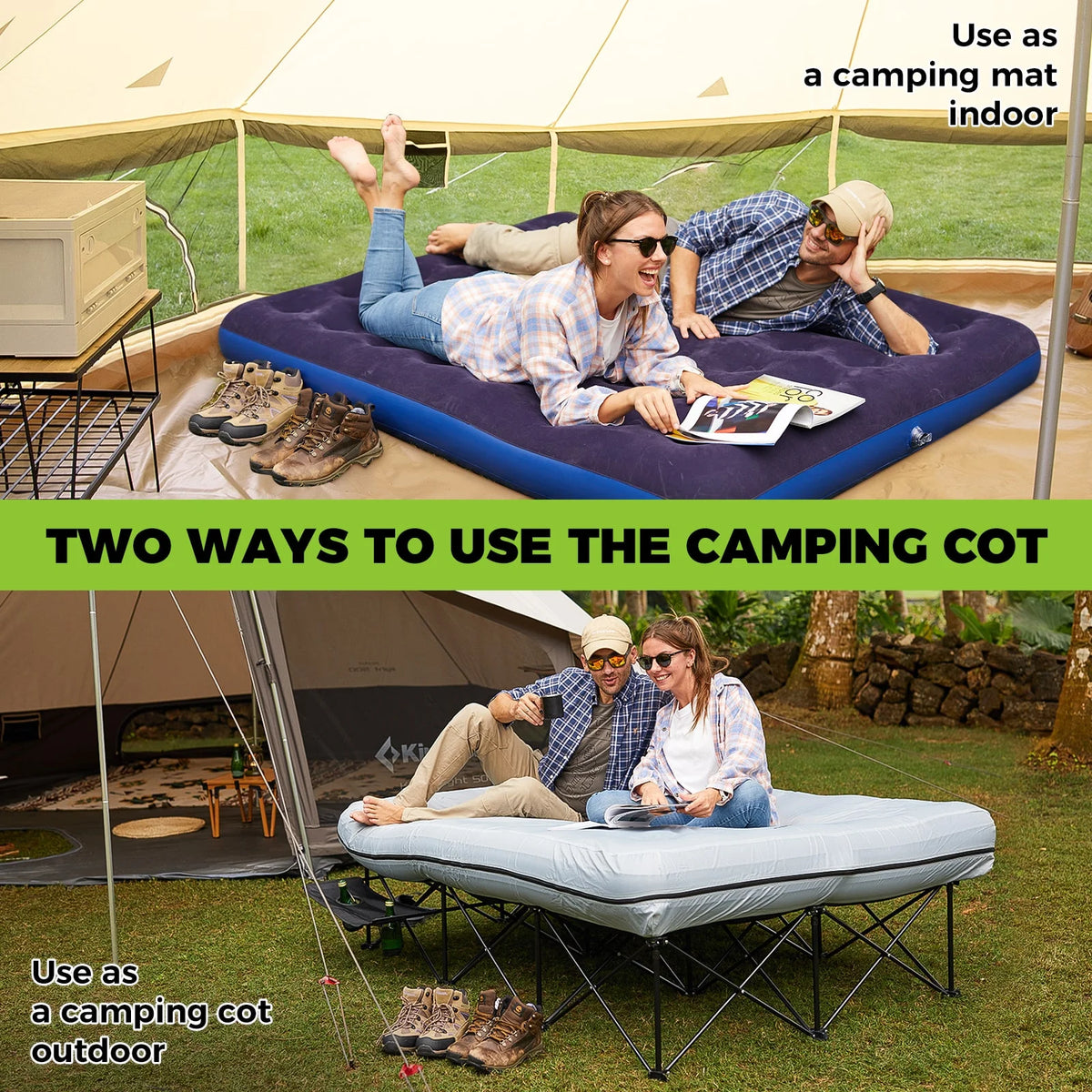 FUNDANGO 2 Person Folding Camping Cots with Air Mattress and Pump Comb, Double Portable  Inflatable  Camp Bed with Side Table, Support 529lbs Camping Bed Queen Size for Adults