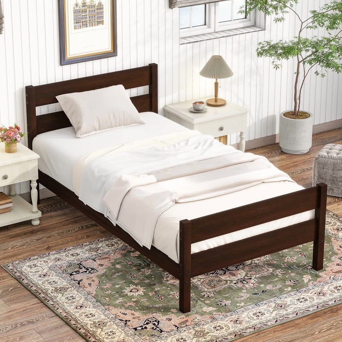 Duxelifin Wood Twin Bed Frame with Rails, Twin Size Low Platform Bed with Headboard and Footboard, Low Twin Bed Frame for Girls & Boys, White