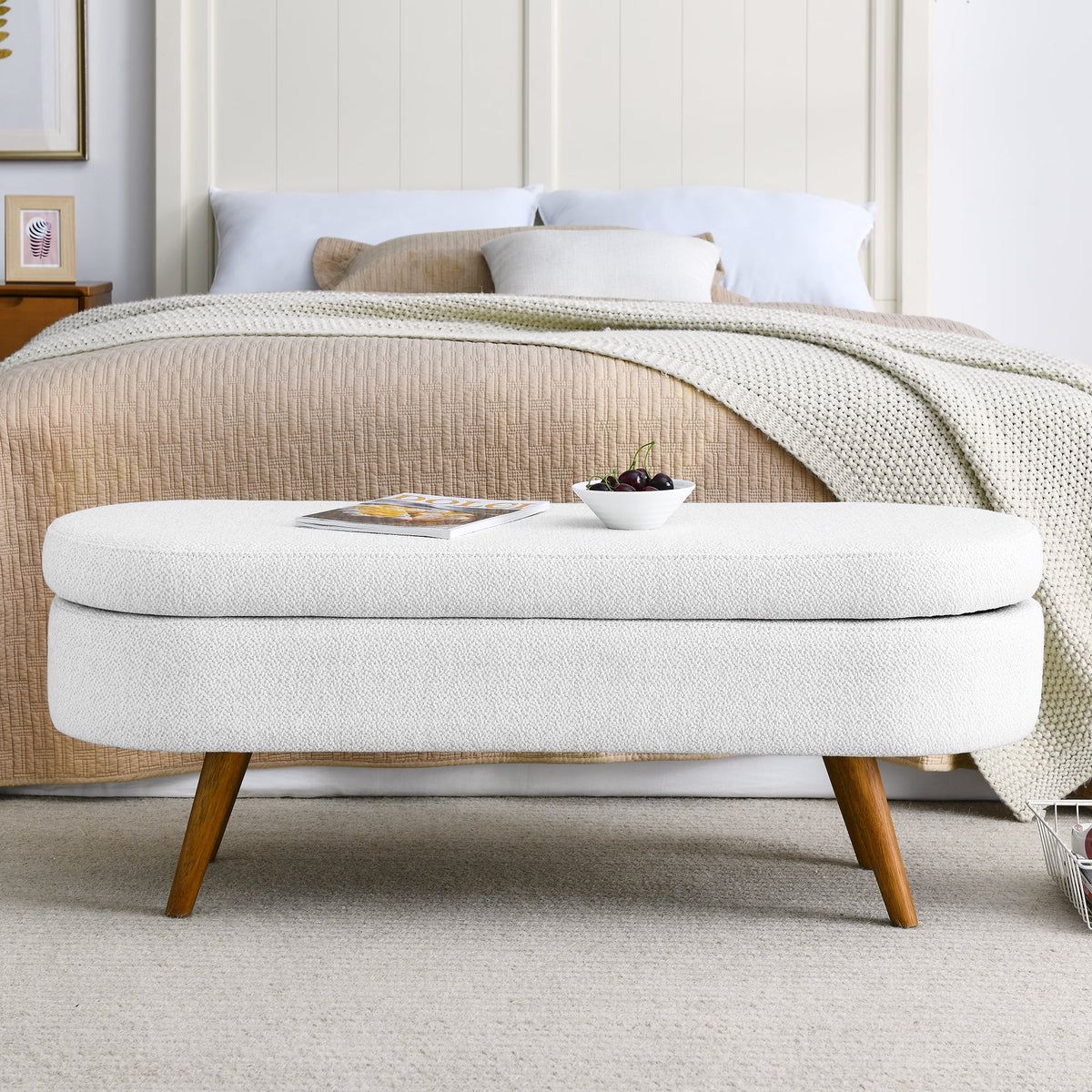 Furniliving Modern Upholstered Button Tufted Storage Ottoman Entryway Bench, Ivory