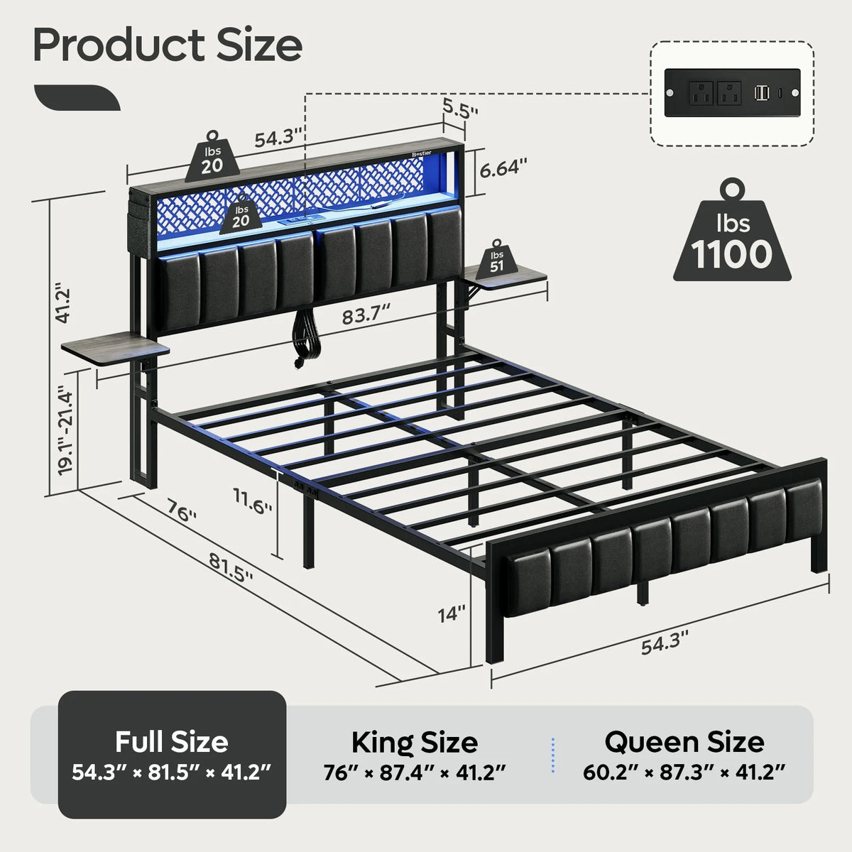 Bestier Queen Size Platform Bed Frame with Wood Foldable Bedside Shelves and LED Storage Headboard Charge Station, Gray