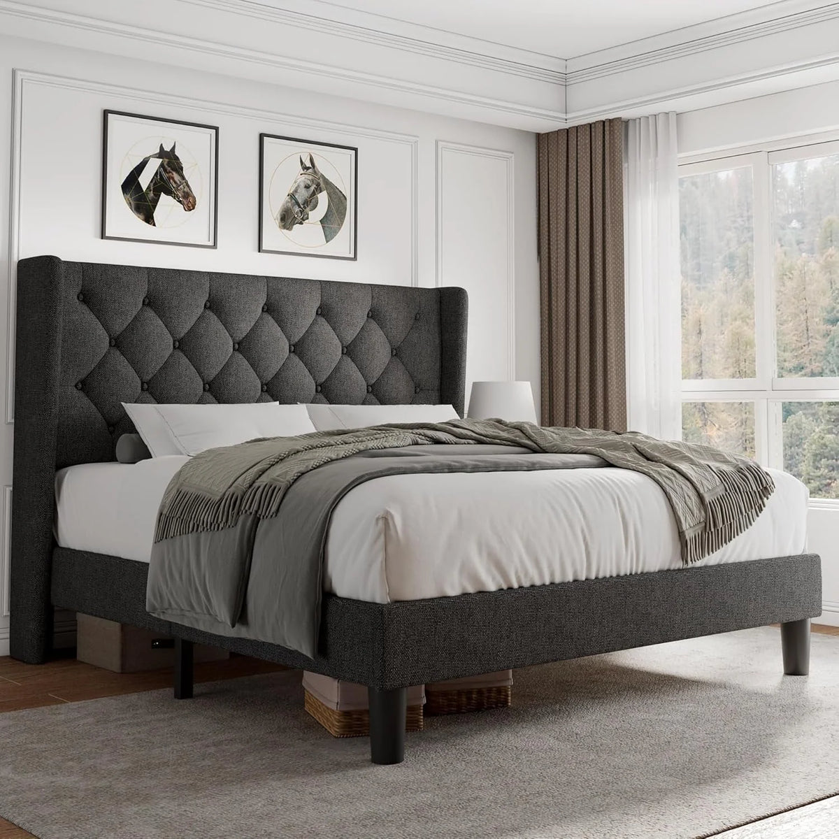 iPormis Full Size Bed Frame with Diamond Button Tufted Wingback Headboard, Upholstered Platform Bed Frame with Strong Wood Slat Support, Light Gray