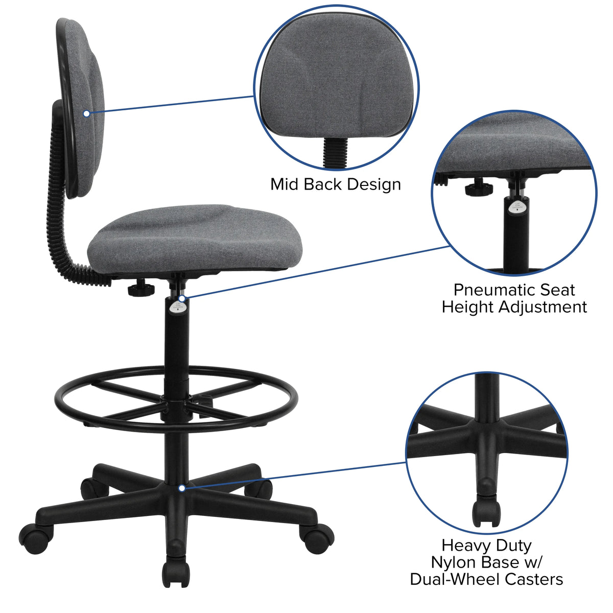 Emma  Oliver Black Fabric Drafting Chair (Cylinders: 22.5"-27"H, 26"-30.5"H)