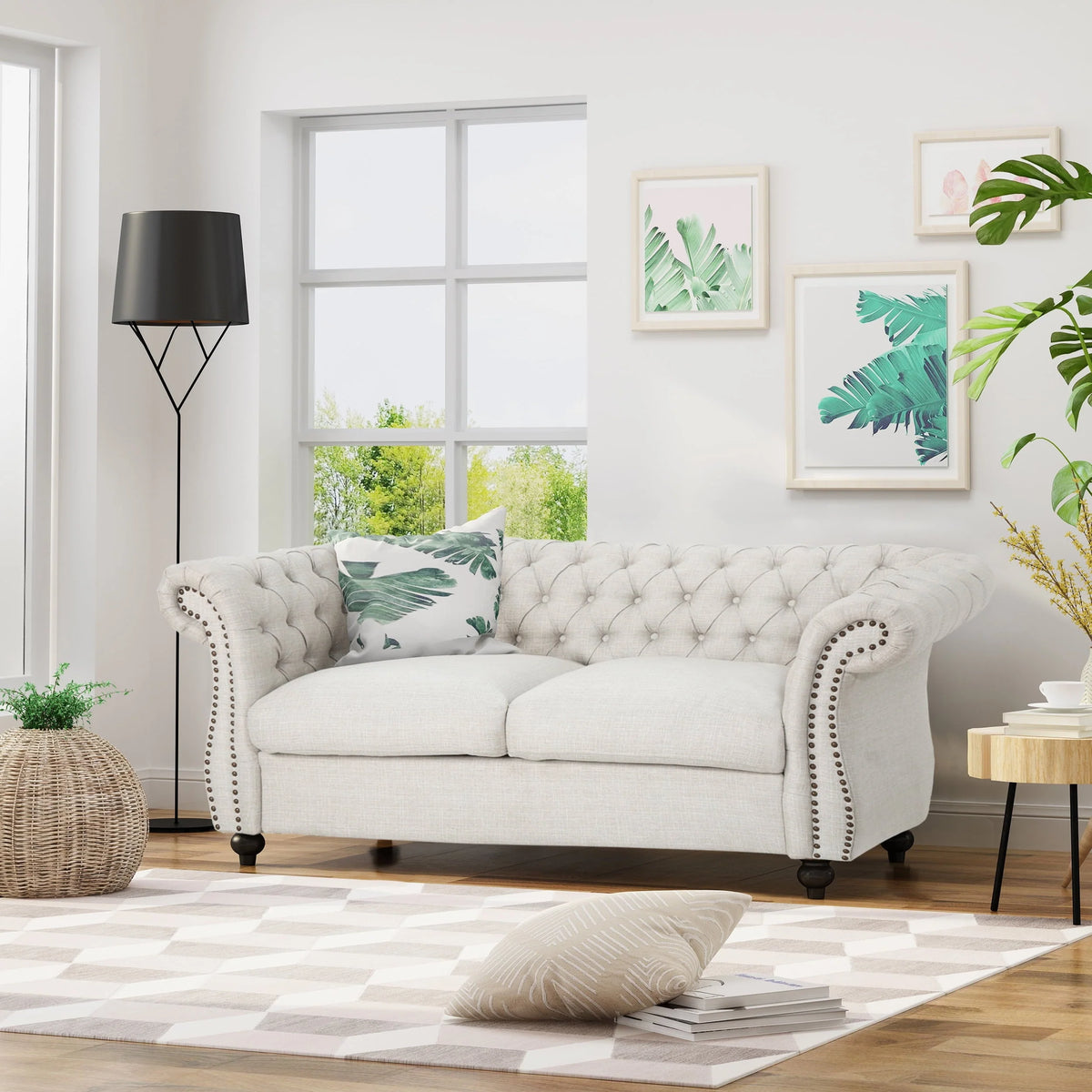Noble House Ember Interiors Aaniya Fabric Chesterfield Loveseat Sofa, Beige