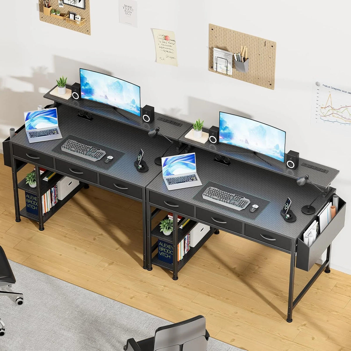 Upgo 55" Gaming Desk with Adjustable Storage Rack & LED Lights, Power Outlets for Adult and Teen