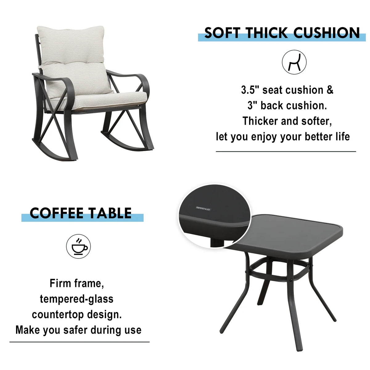 COSIEST 3 Piece Rocking Chair Bistro Set, Patio Outdoor Furniture w Cushions, Glass-Top Table