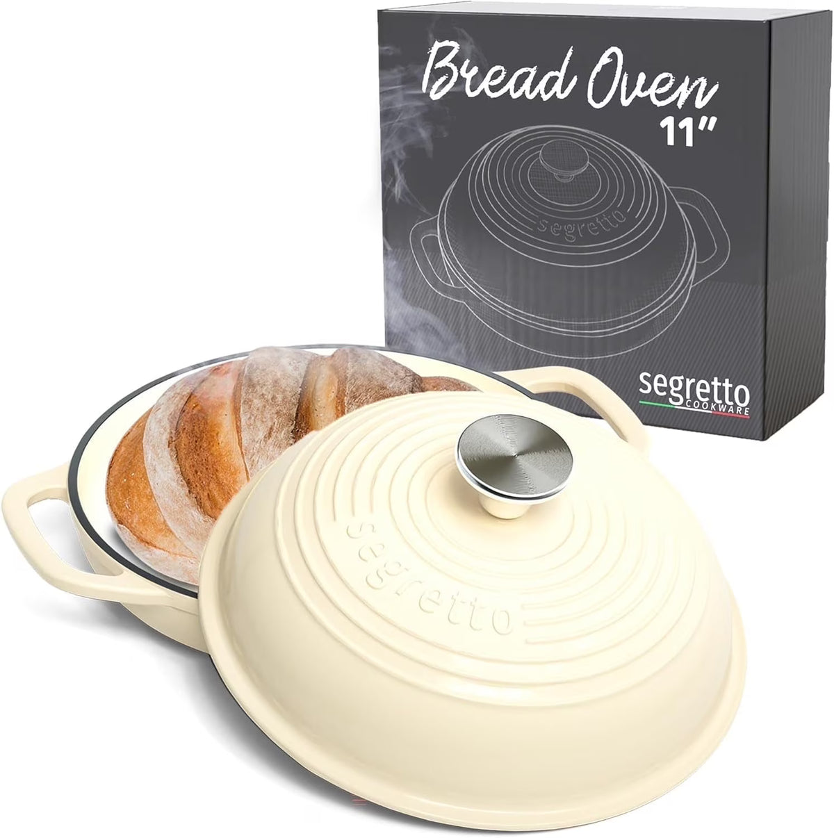 Segretto Cookware 11" Enameled Cast Iron Dutch Oven for Bread, Bread Maker Pan with Lid, Red